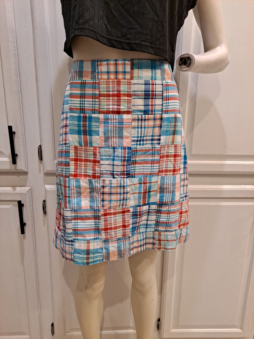 Talbots Patchwork Madras Plaid Mini Skirt — Blue, Red & Cream Lined